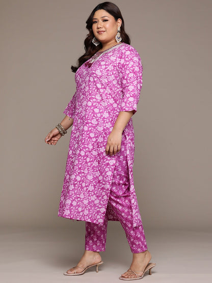 Plus Size Straight style cotton fabric Purple color kurta with Bottom and Dupatta