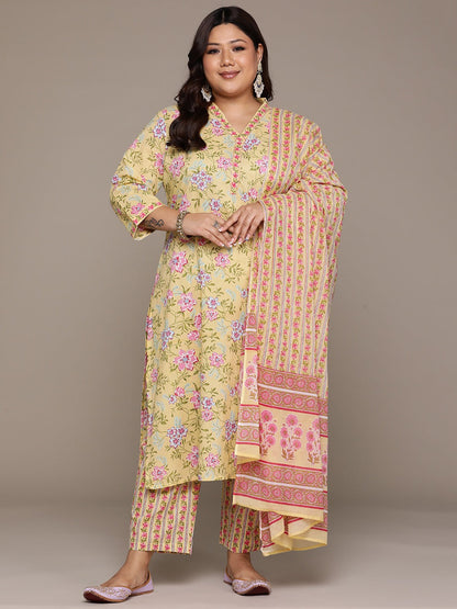 Plus Size Straight style cotton fabric Yellow color kurta with Bottom and Dupatta