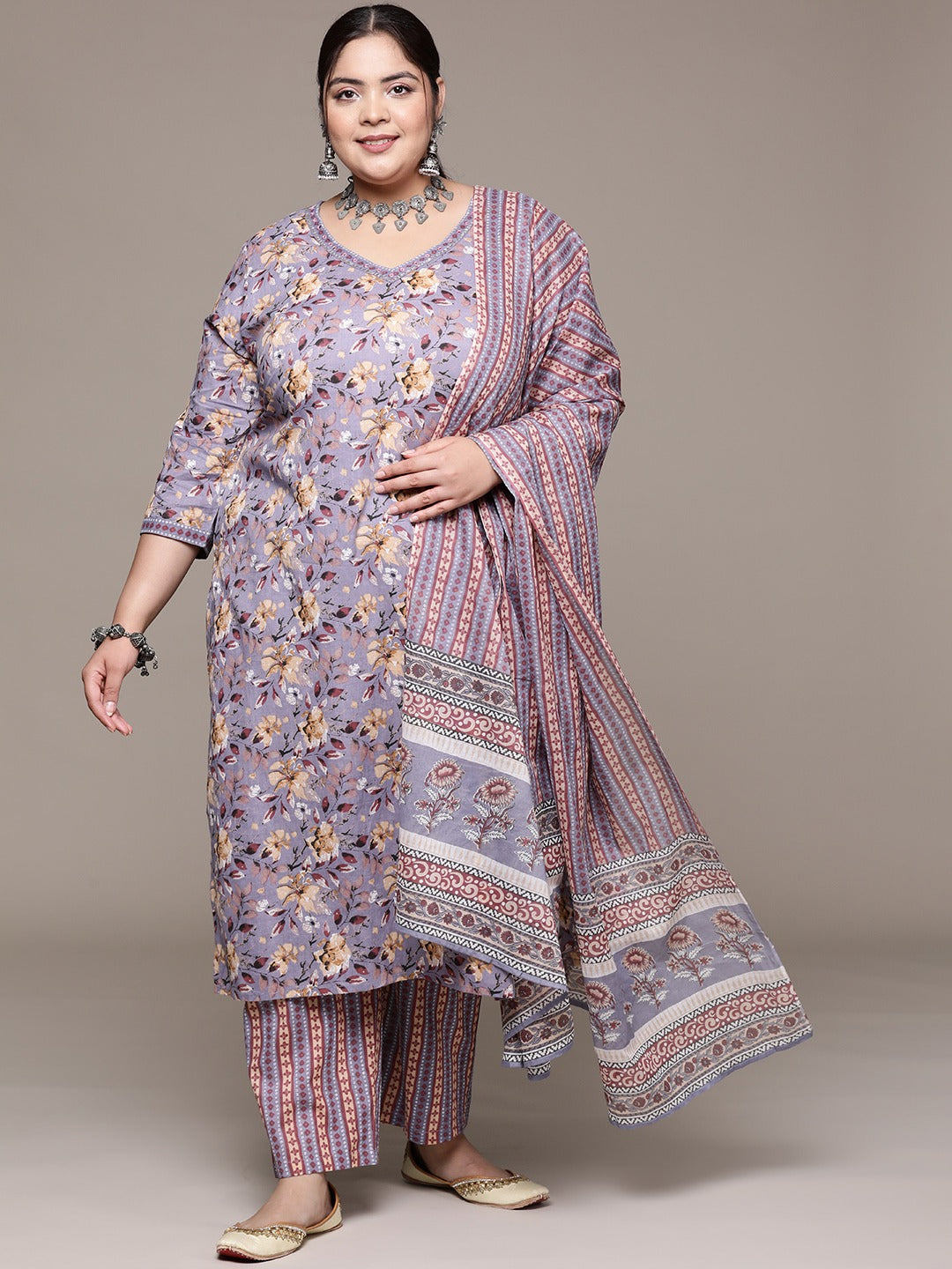 Plus Size Straight style cotton fabric Violet color kurta with Bottom and Dupatta