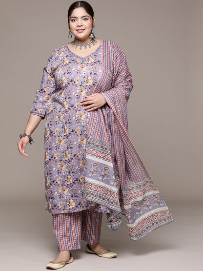 Plus Size Straight style cotton fabric Violet color kurta with Bottom and Dupatta