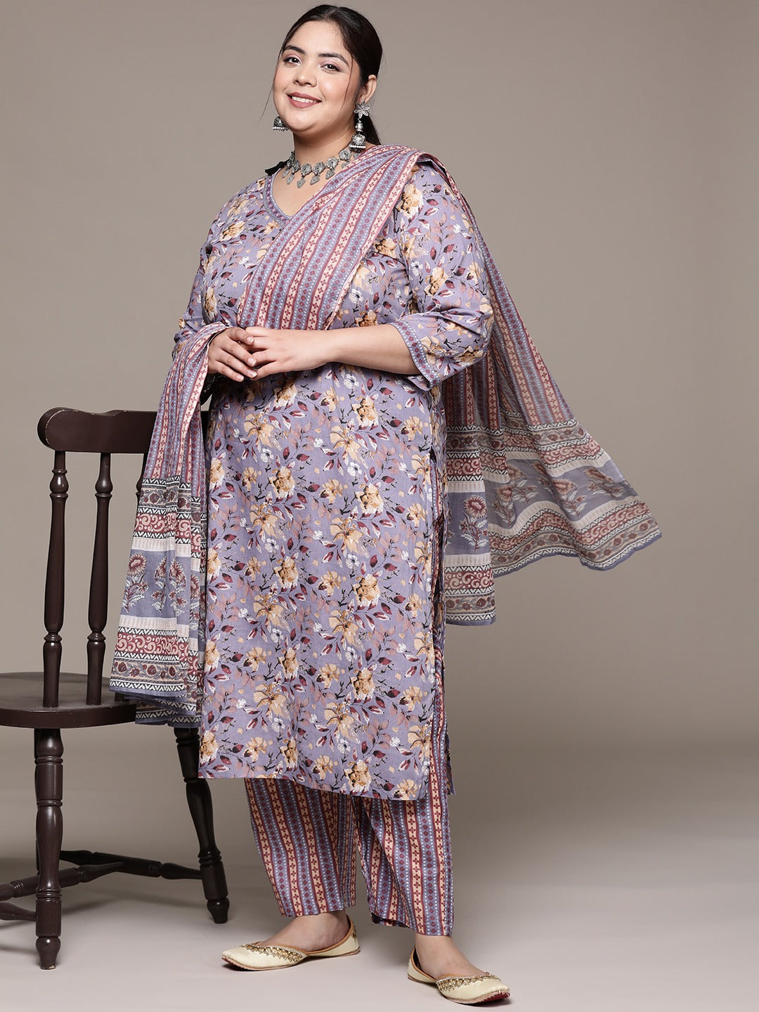 Plus Size Straight style cotton fabric Violet color kurta with Bottom and Dupatta