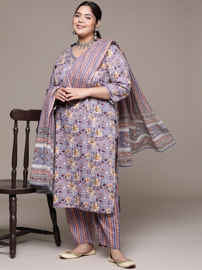 Plus Size Straight style cotton fabric Violet color kurta with Bottom and Dupatta