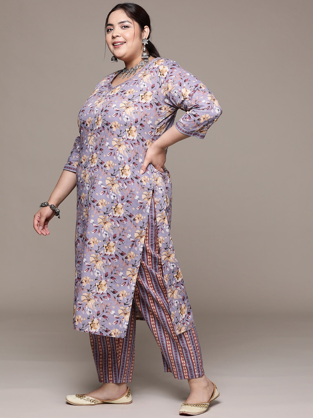 Plus Size Straight style cotton fabric Violet color kurta with Bottom and Dupatta