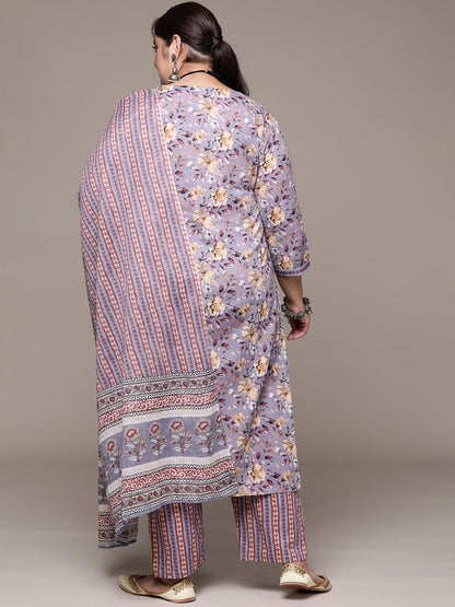 Plus Size Straight style cotton fabric Violet color kurta with Bottom and Dupatta