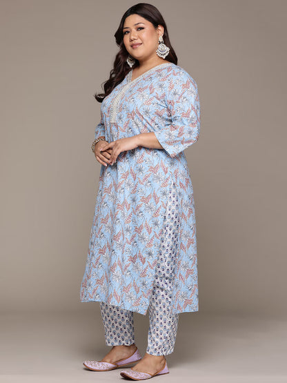 Plus Size Straight style cotton fabric Blue color kurta with Bottom and Dupatta