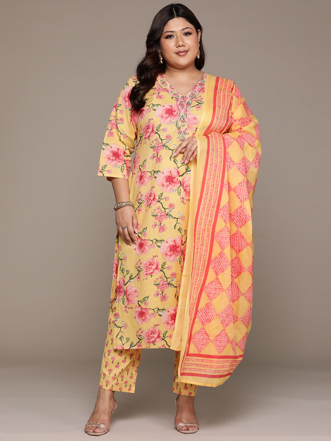 Plus Size Straight style cotton fabric Yellow color kurta with Bottom and Dupatta