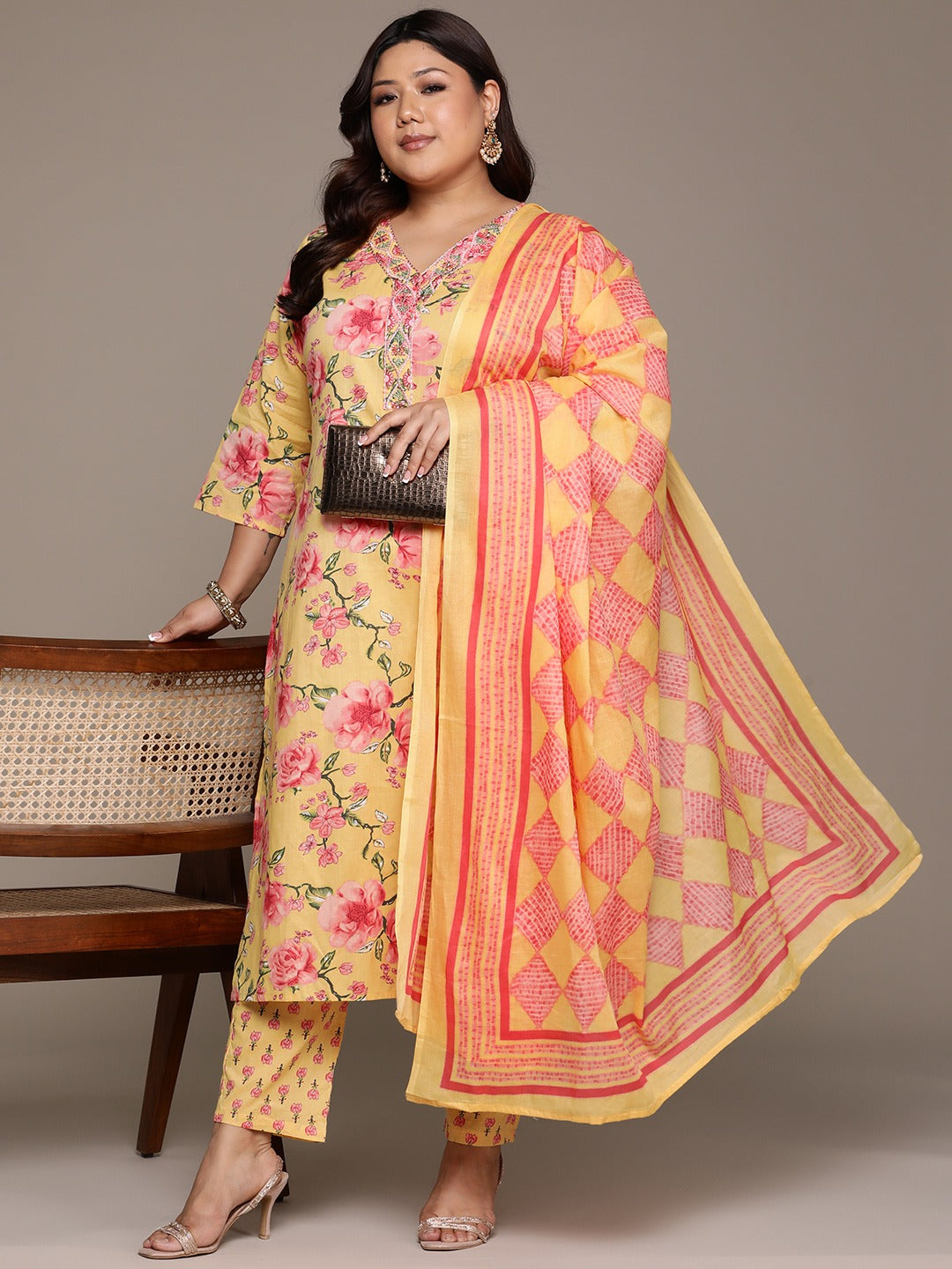 Plus Size Straight style cotton fabric Yellow color kurta with Bottom and Dupatta