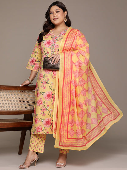Plus Size Straight style cotton fabric Yellow color kurta with Bottom and Dupatta