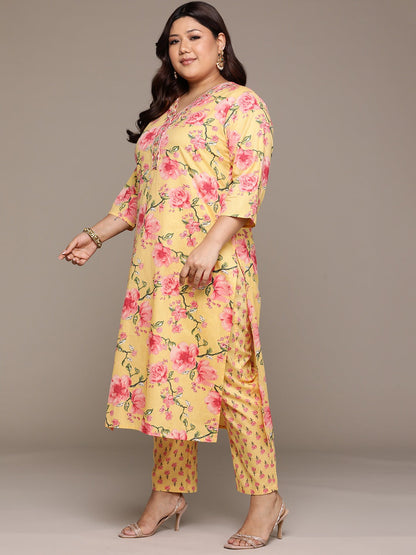 Plus Size Straight style cotton fabric Yellow color kurta with Bottom and Dupatta