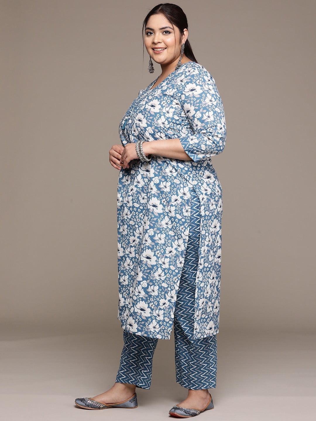 Plus Size Straight style cotton fabric Blue color kurta with Bottom and Dupatta