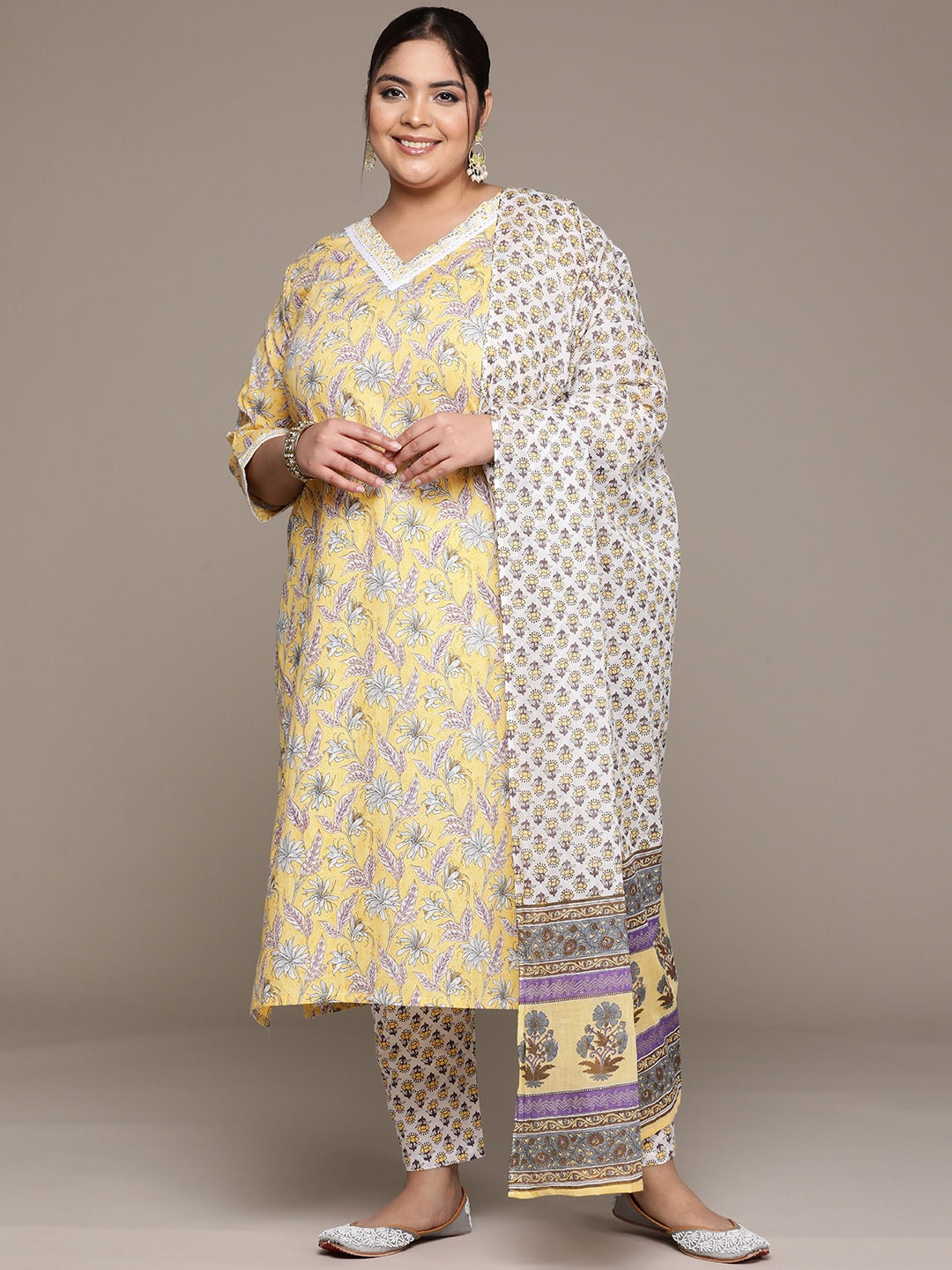 Plus Size Flared style cotton fabric Yellow color kurta with Bottom and Dupatta