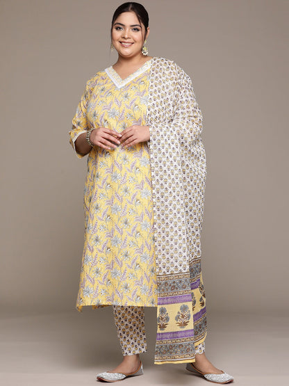Plus Size Flared style cotton fabric Yellow color kurta with Bottom and Dupatta