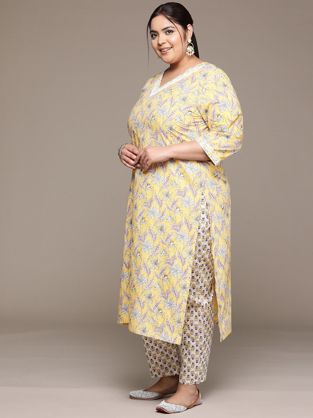 Plus Size Flared style cotton fabric Yellow color kurta with Bottom and Dupatta