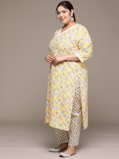 Plus Size Flared style cotton fabric Yellow color kurta with Bottom and Dupatta