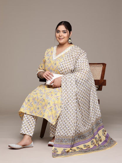 Plus Size Flared style cotton fabric Yellow color kurta with Bottom and Dupatta