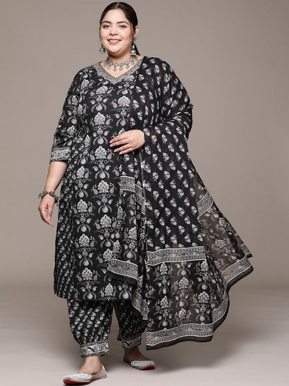 Plus Size Flared style cotton fabric Black color kurta with Bottom and Dupatta