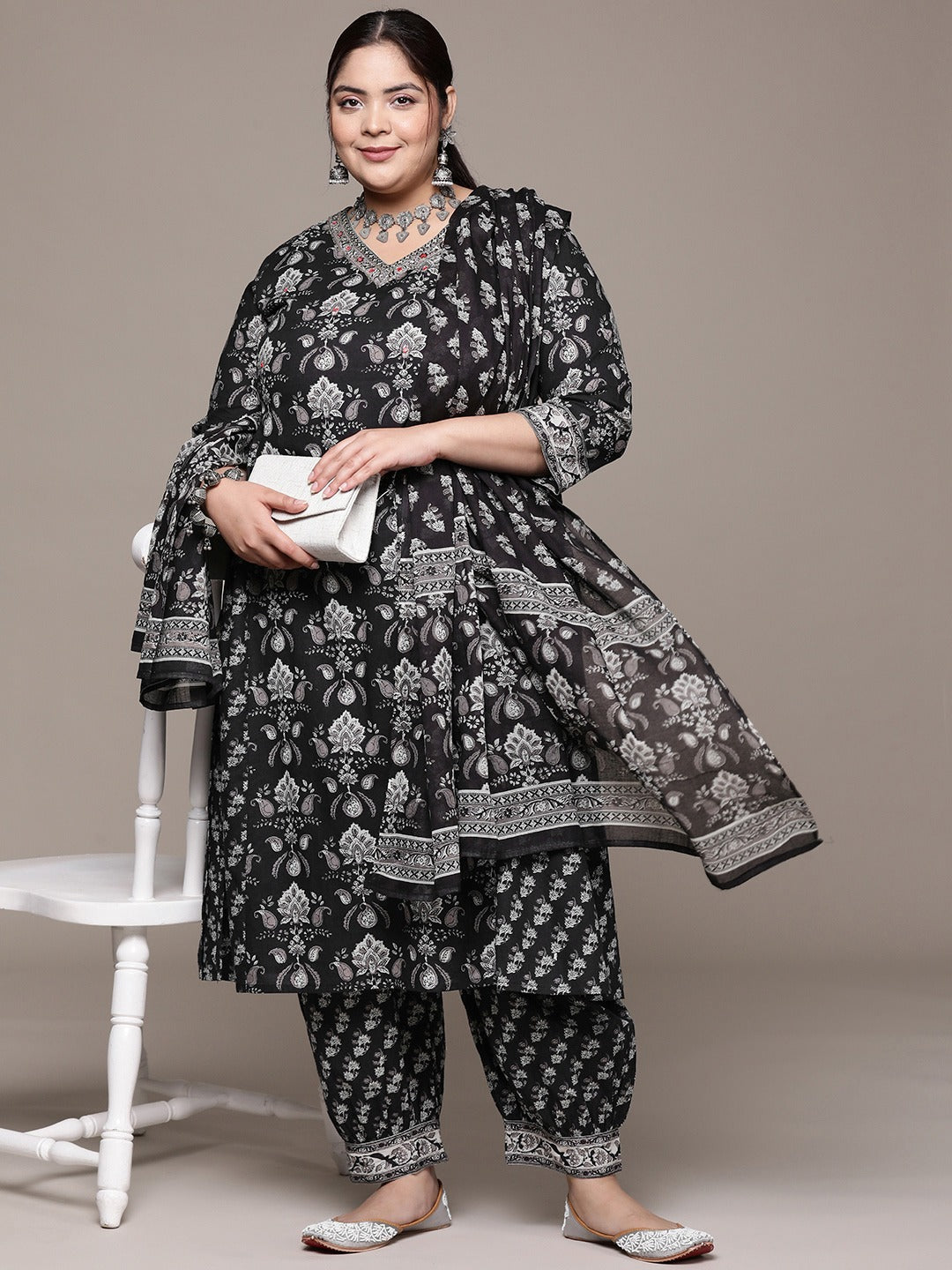 Plus Size Flared style cotton fabric Black color kurta with Bottom and Dupatta