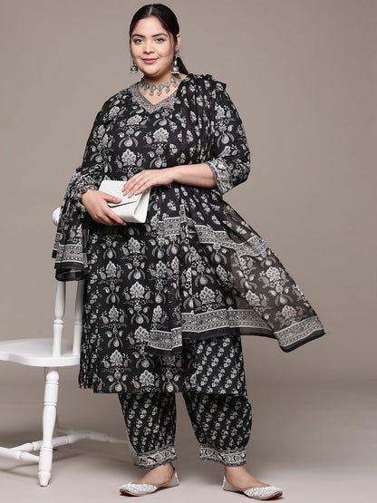 Plus Size Flared style cotton fabric Black color kurta with Bottom and Dupatta