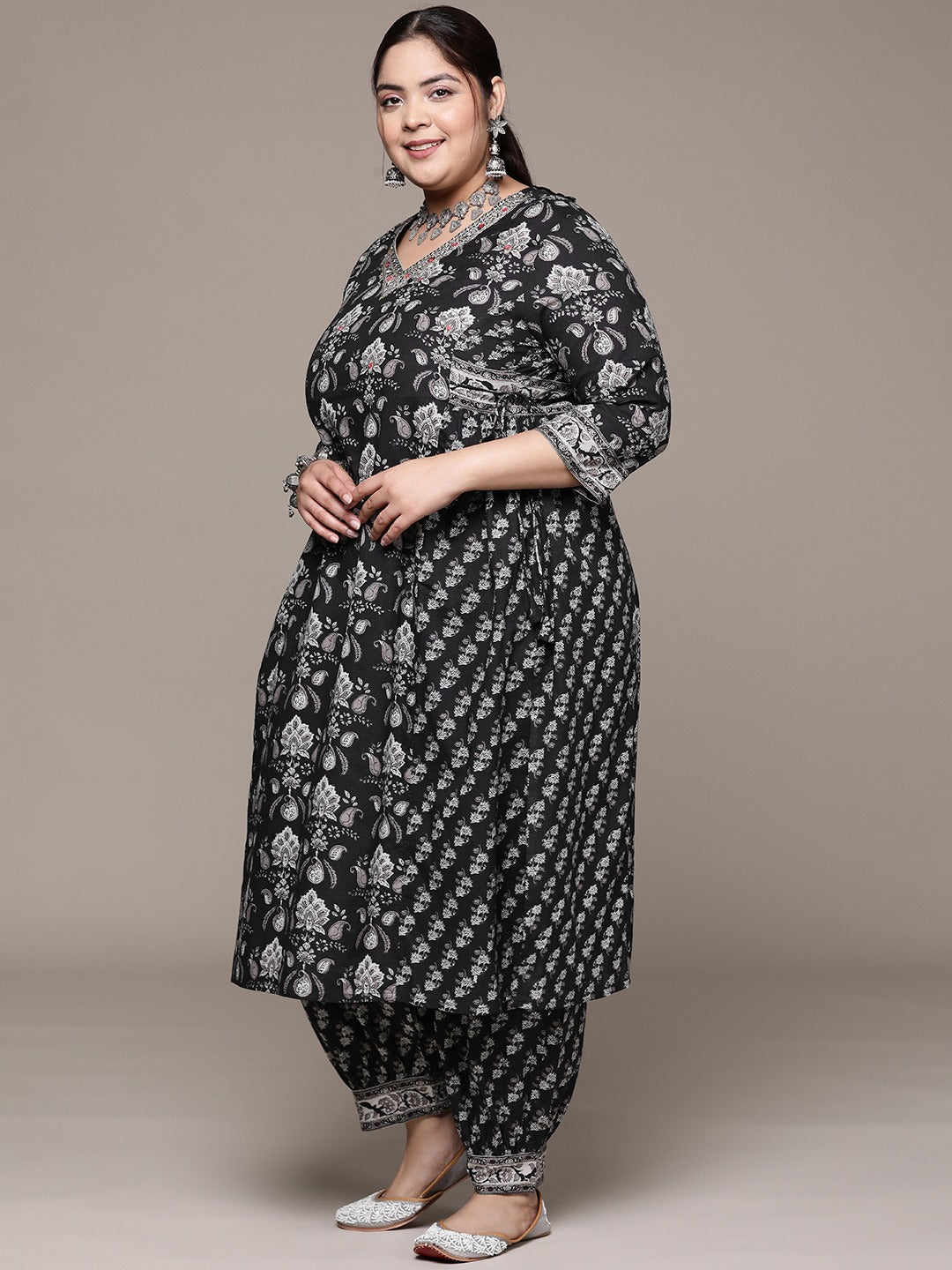 Plus Size Flared style cotton fabric Black color kurta with Bottom and Dupatta