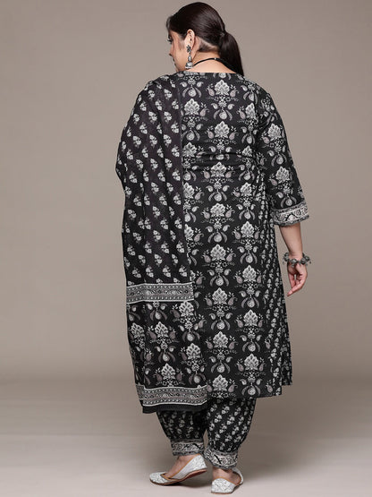 Plus Size Flared style cotton fabric Black color kurta with Bottom and Dupatta