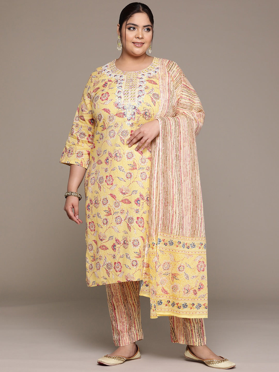 Plus Size Straight style cotton fabric Yellow color kurta with Bottom and Dupatta