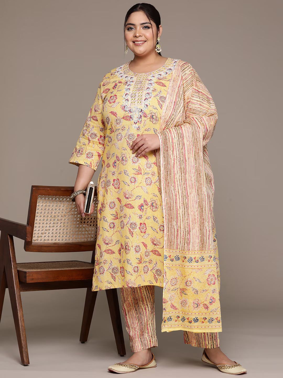Plus Size Straight style cotton fabric Yellow color kurta with Bottom and Dupatta