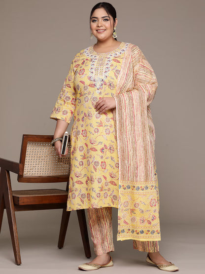 Plus Size Straight style cotton fabric Yellow color kurta with Bottom and Dupatta