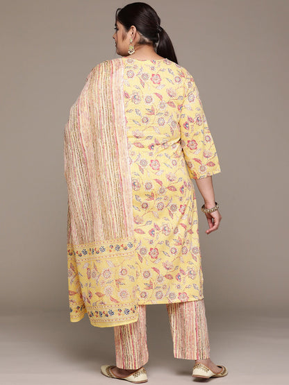 Plus Size Straight style cotton fabric Yellow color kurta with Bottom and Dupatta