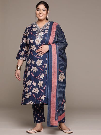 Plus Size Straight style cotton fabric Navy Blue color kurta with Bottom and Dupatta