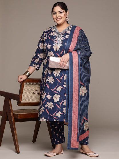 Plus Size Straight style cotton fabric Navy Blue color kurta with Bottom and Dupatta
