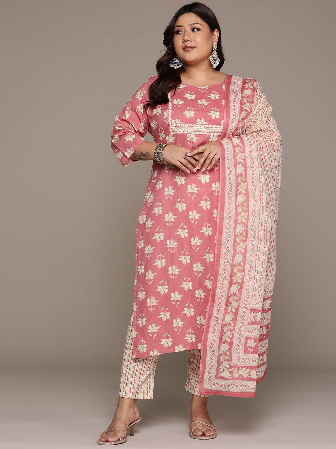 Plus Size Straight style cotton fabric Rust color kurta with Bottom and Dupatta