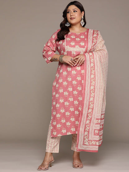 Plus Size Straight style cotton fabric Rust color kurta with Bottom and Dupatta