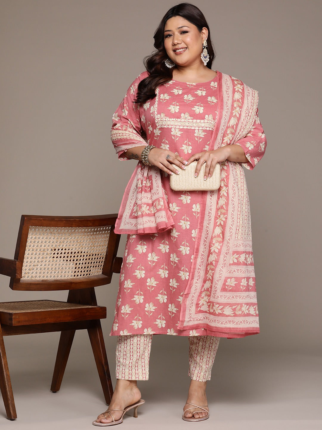 Plus Size Straight style cotton fabric Rust color kurta with Bottom and Dupatta