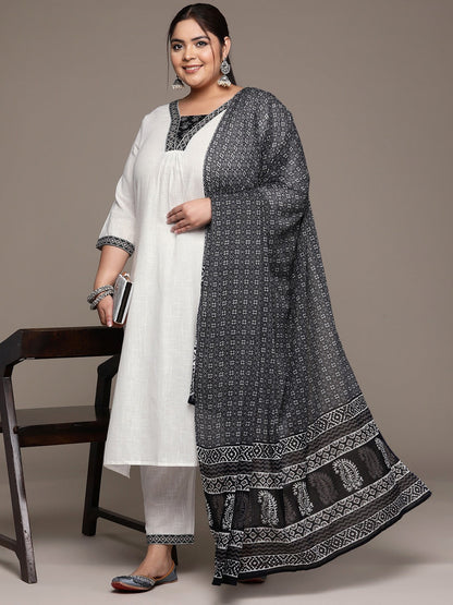 Plus Size Straight style cotton fabric White color kurta with Bottom and Dupatta