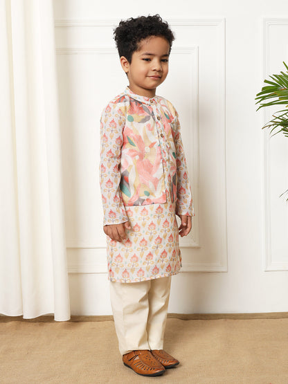 Boys Straight style Kota doria fabric Beige color kurta and Pajama