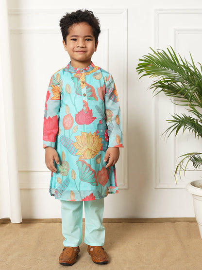 Boys Straight style Kota doria fabric Blue color kurta and Pajama