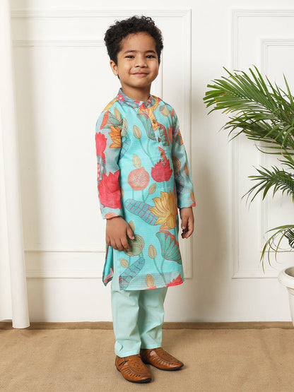 Boys Straight style Kota doria fabric Blue color kurta and Pajama