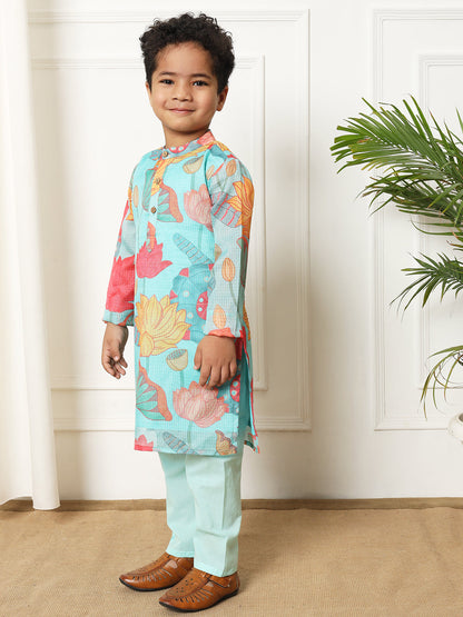 Boys Straight style Kota doria fabric Blue color kurta and Pajama