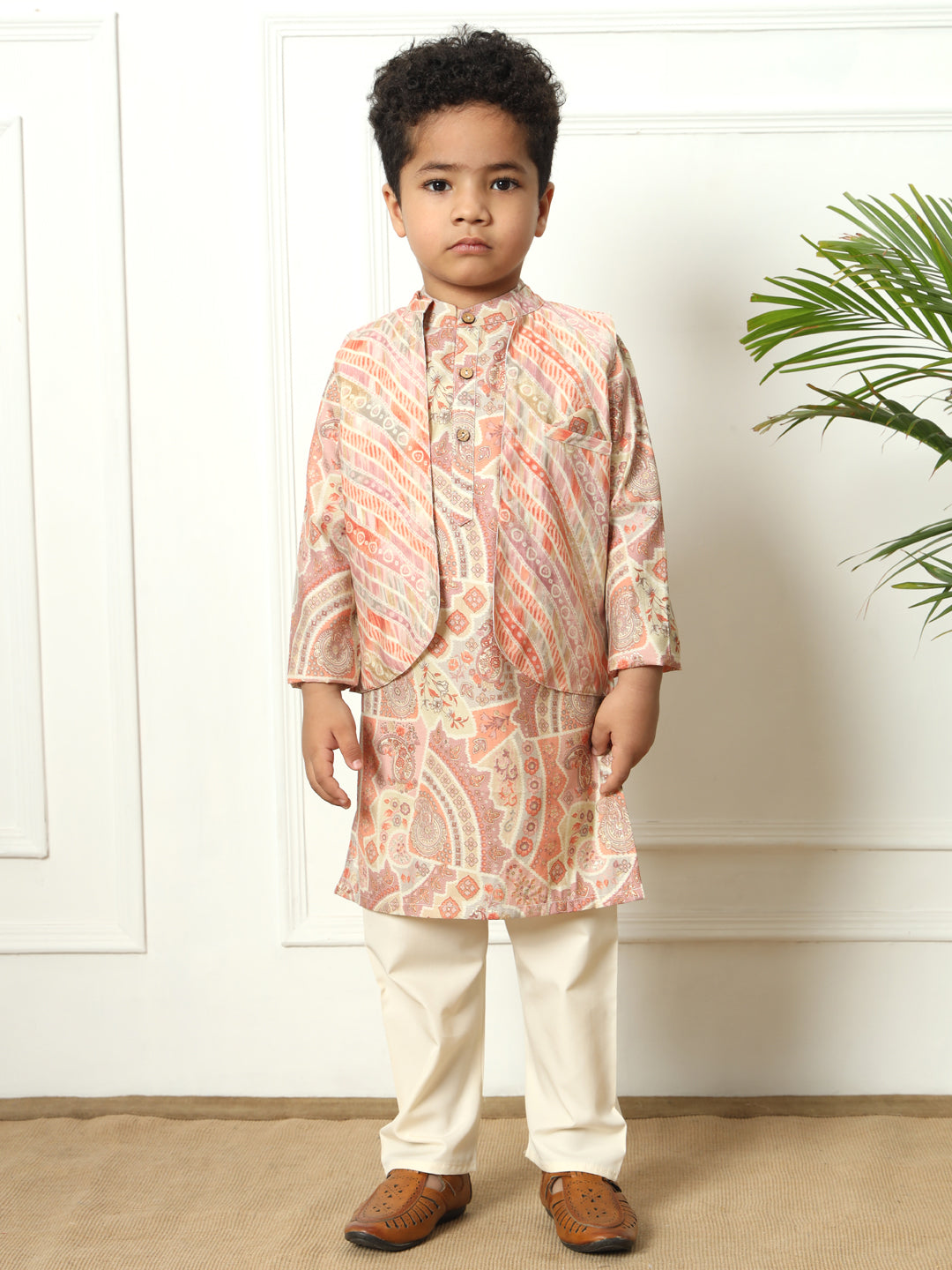 Boys Straight style Silk fabric Purple color kurta and Pajama with Nehru jacket