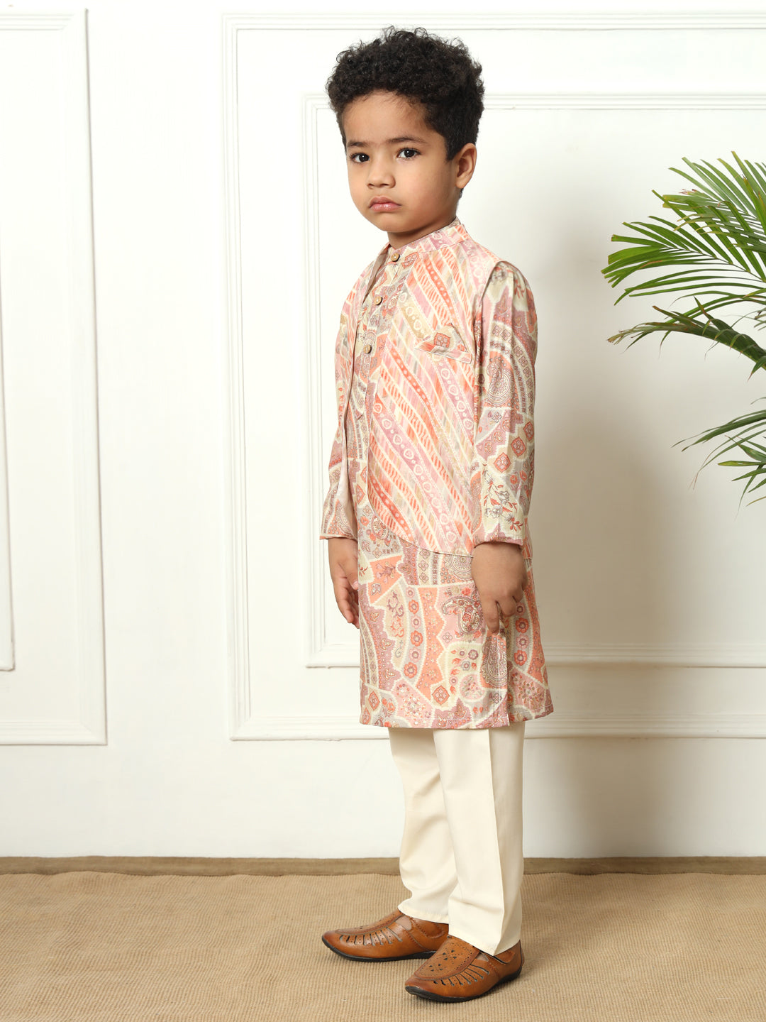 Boys Straight style Silk fabric Purple color kurta and Pajama with Nehru jacket