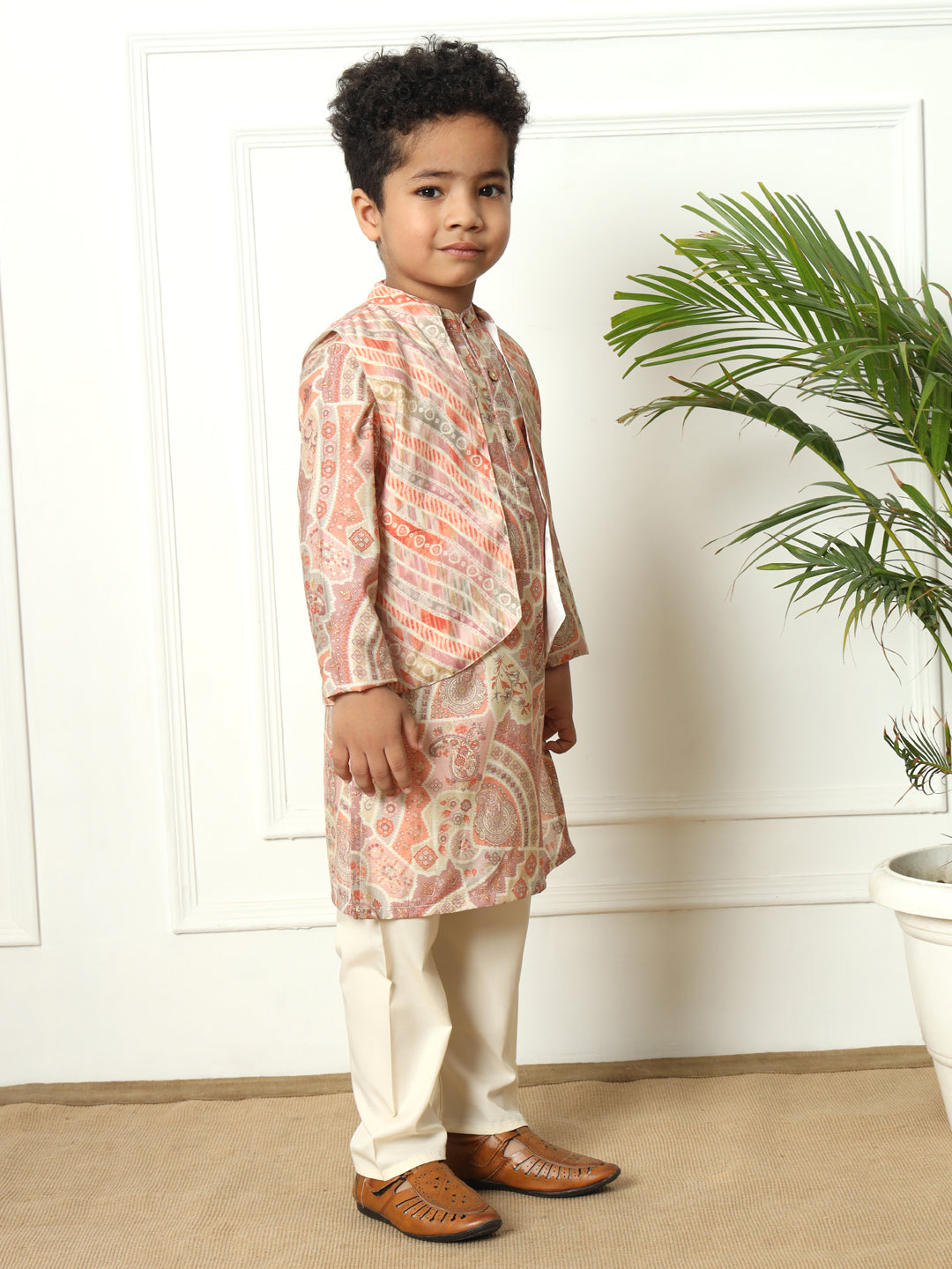 Boys Straight style Silk fabric Purple color kurta and Pajama with Nehru jacket