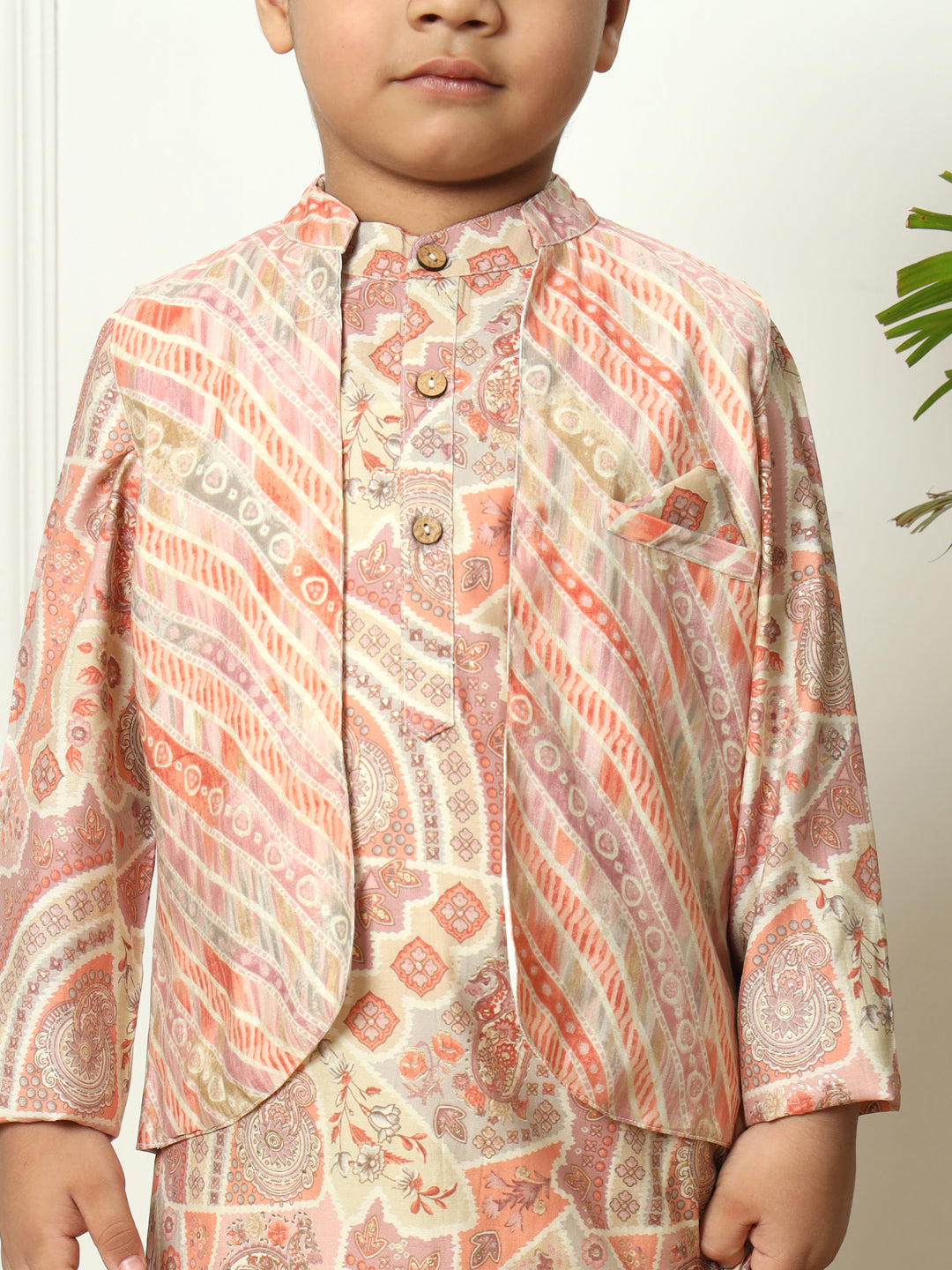 Boys Straight style Silk fabric Purple color kurta and Pajama with Nehru jacket