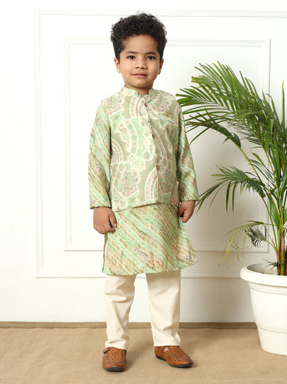 Boys Straight style Silk fabric Olive color kurta and Pajama with Nehru jacket