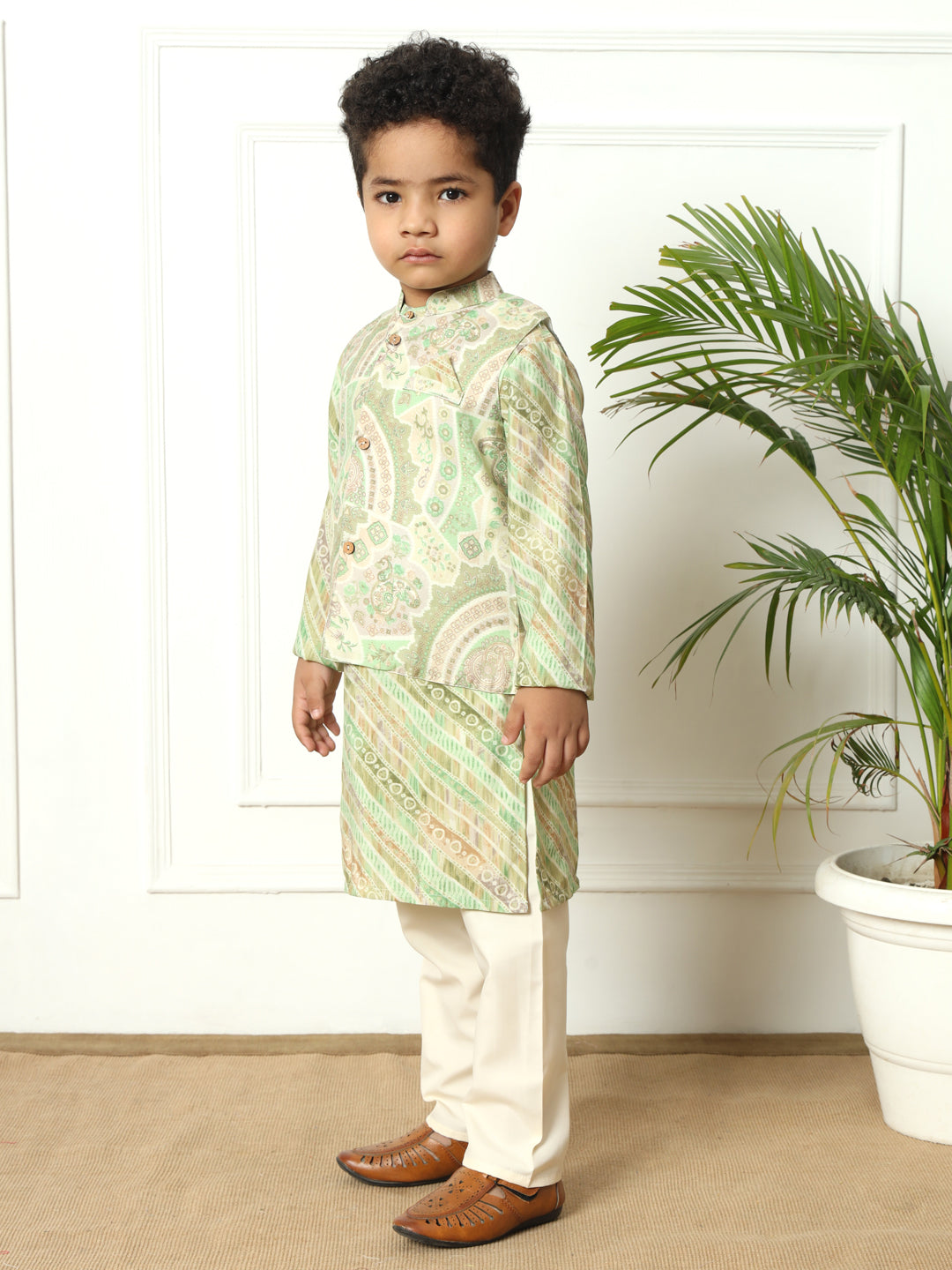 Boys Straight style Silk fabric Olive color kurta and Pajama with Nehru jacket