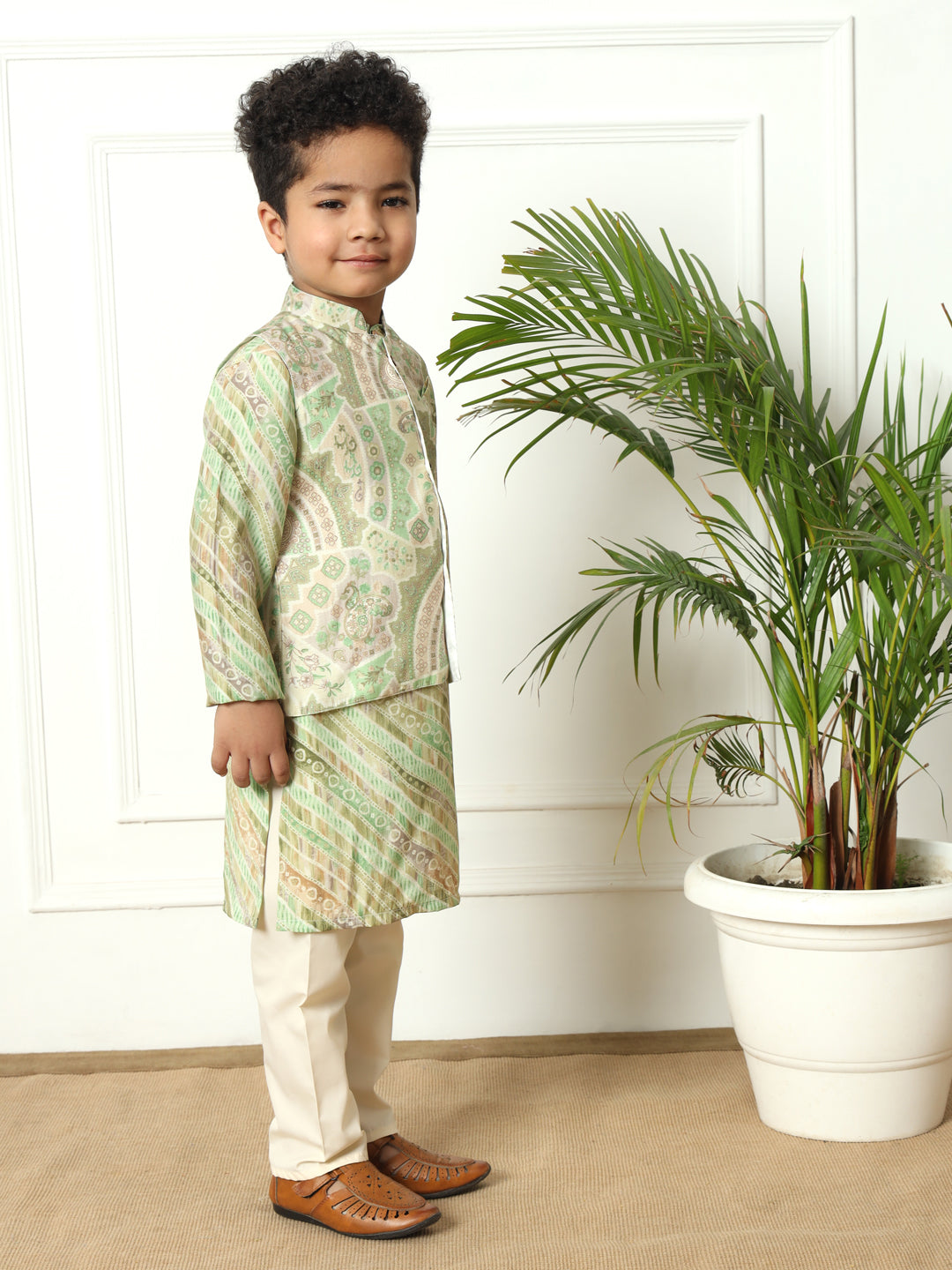 Boys Straight style Silk fabric Olive color kurta and Pajama with Nehru jacket