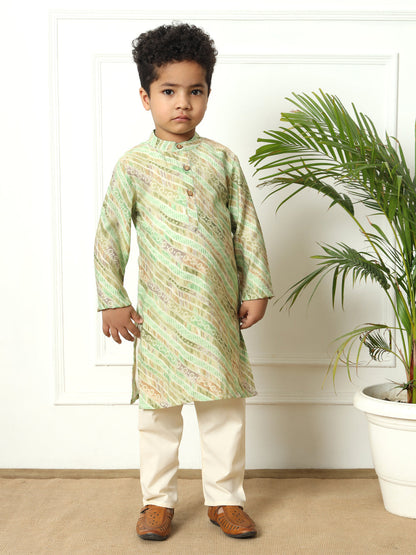 Boys Straight style Silk fabric Olive color kurta and Pajama with Nehru jacket
