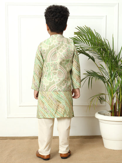 Boys Straight style Silk fabric Olive color kurta and Pajama with Nehru jacket