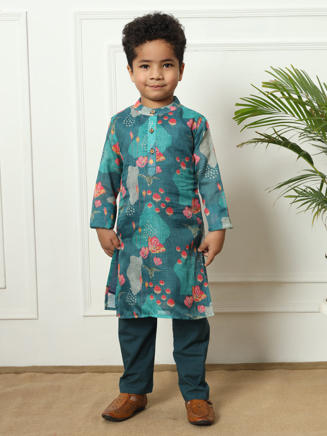 Boys Straight style Kota doria fabric Teal color kurta and Pajama