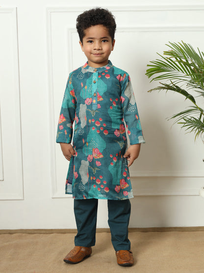 Boys Straight style Kota doria fabric Teal color kurta and Pajama