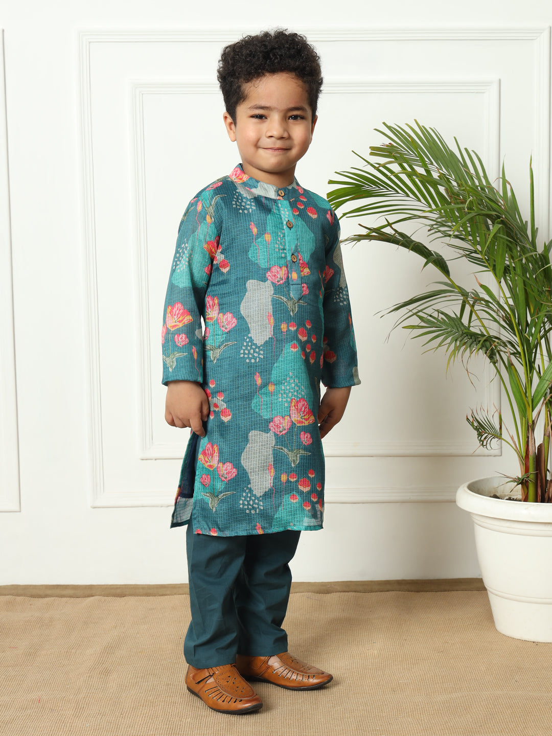 Boys Straight style Kota doria fabric Teal color kurta and Pajama